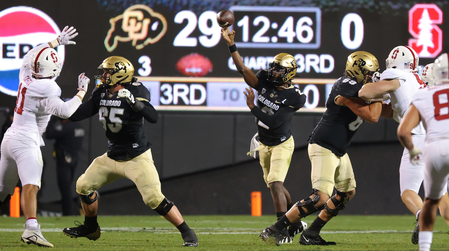Shedeur Sanders #2 of the Colorado Buffaloes throws a pass against the Stanford Cardinal during the third quarter at Folsom Field on October 13, 2023 in Boulder, Colorado.