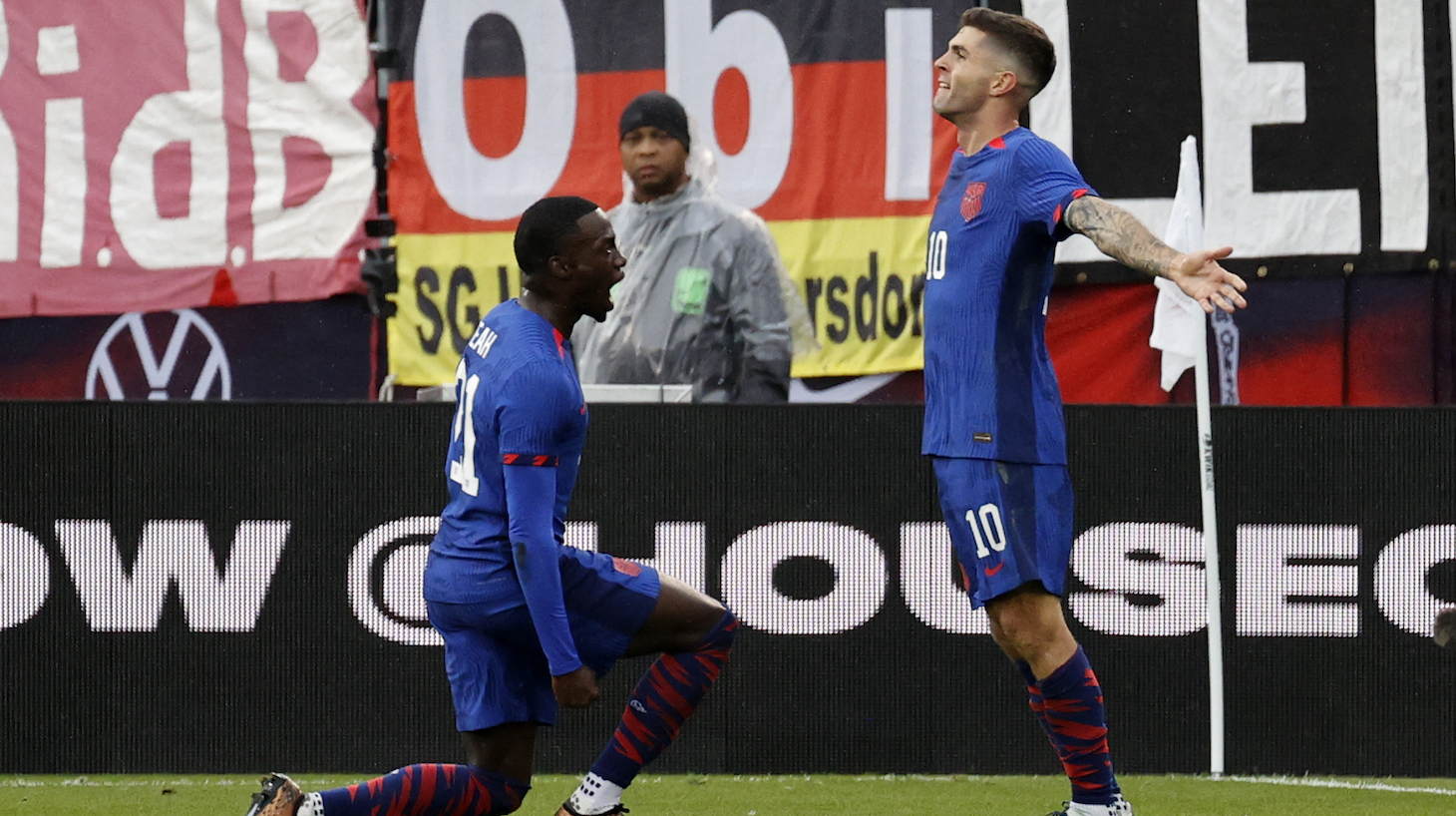 United States forward Christian Pulisic (10) celebrates his goal with United States forward Tim Weah (21) during a match between the United Sates and Germany on October 14, 2023, at Pratt &amp; Whitney Stadium in East Hartford, Connecticut.