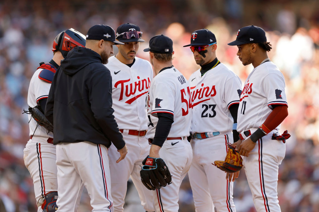 Manager Rocco Baldelli of the Minnesota Twins relieves Sonny Gray #54 in the fifth inning against the Houston Astros during Game Three of the Division Series at Target Field on October 10, 2023 in Minneapolis, Minnesota.