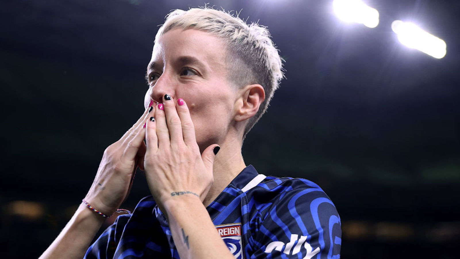 Megan Rapinoe #15 of OL Reign reacts after her last home regular-season NWSL match at Lumen Field on October 06, 2023 in Seattle, Washington.