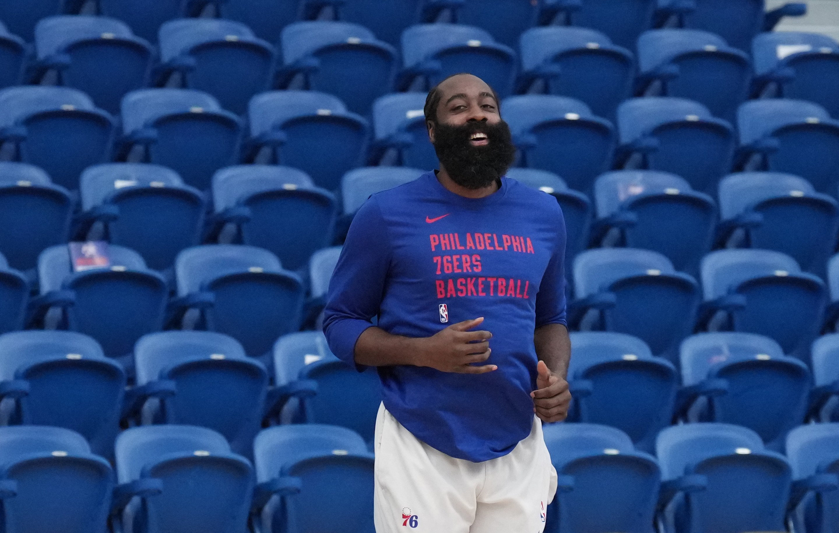 James Harden warms up at a Sixers practice