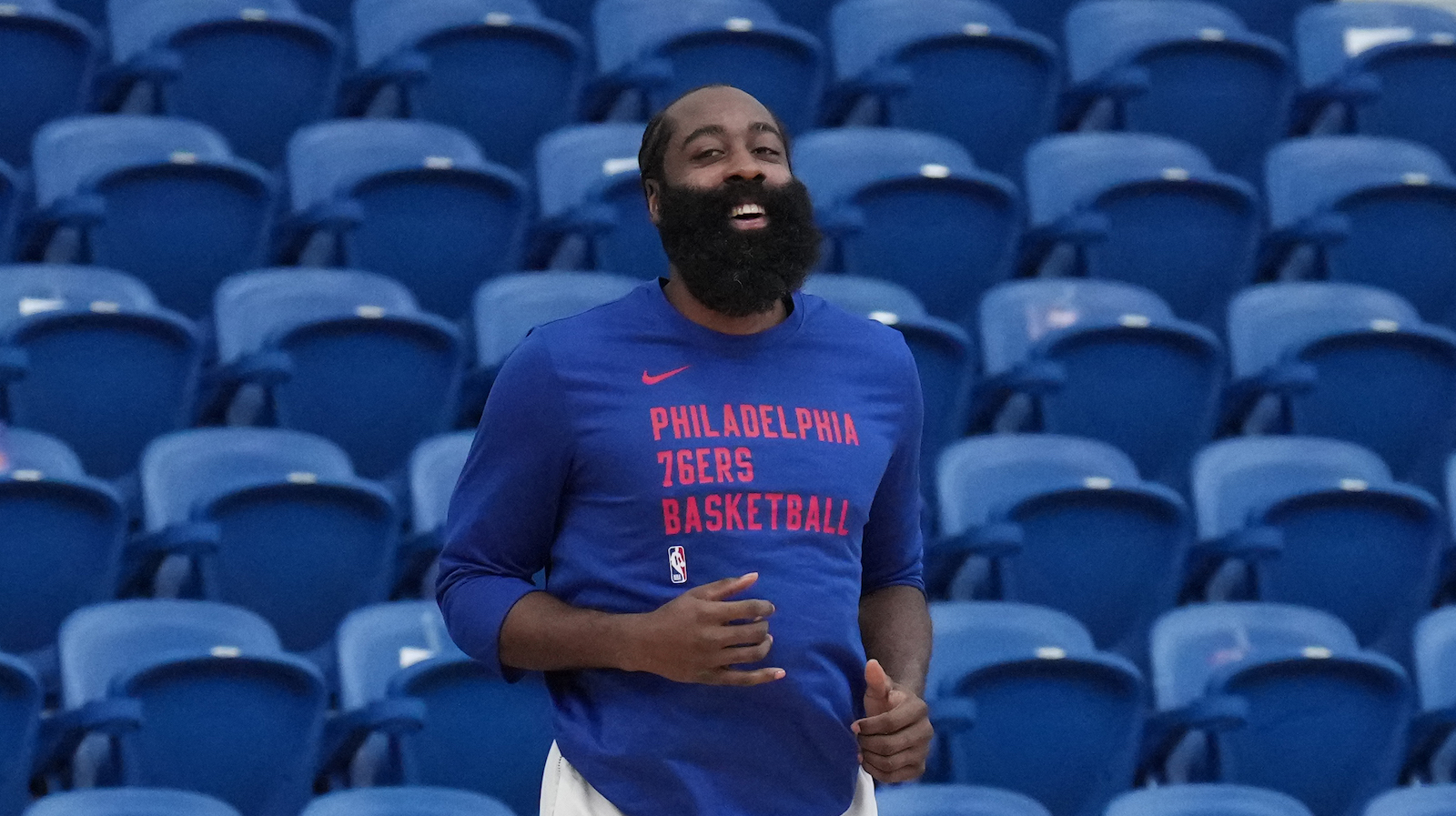 P.J. Tucker#17 James Harden #1 and Tyrese Maxey #0 of the Philadelphia 76ers during an open scrimmage on October 14, 2023 at Chase Fieldhouse in Wilmington, Delaware.