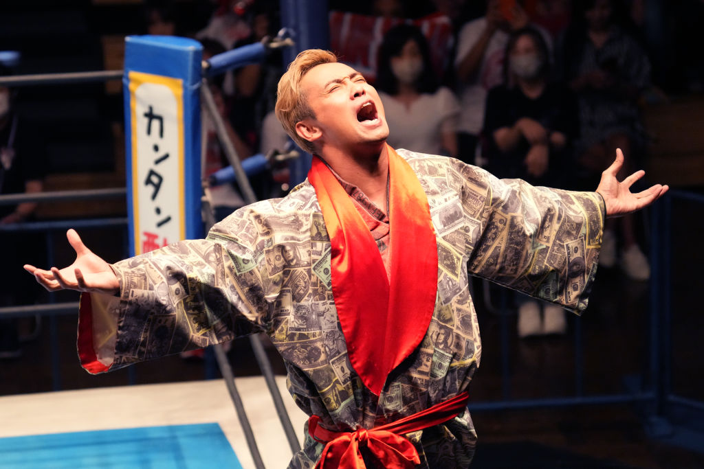 Kazuchika Okada enters the ring during the New Japan Pro-Wrestling at Korakuen Hall on October 01, 2023 in Tokyo, Japan.