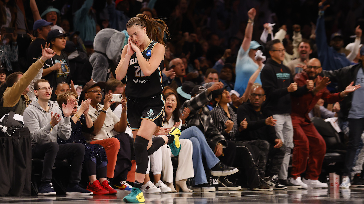Sabrina Ionescu #20 of the New York Liberty reacts after a basket against the Las Vegas Aces during the fourth quarter in Game Three of the 2023 WNBA Finals at Barclays Center on October 15, 2023 in the Brooklyn borough of New York City.