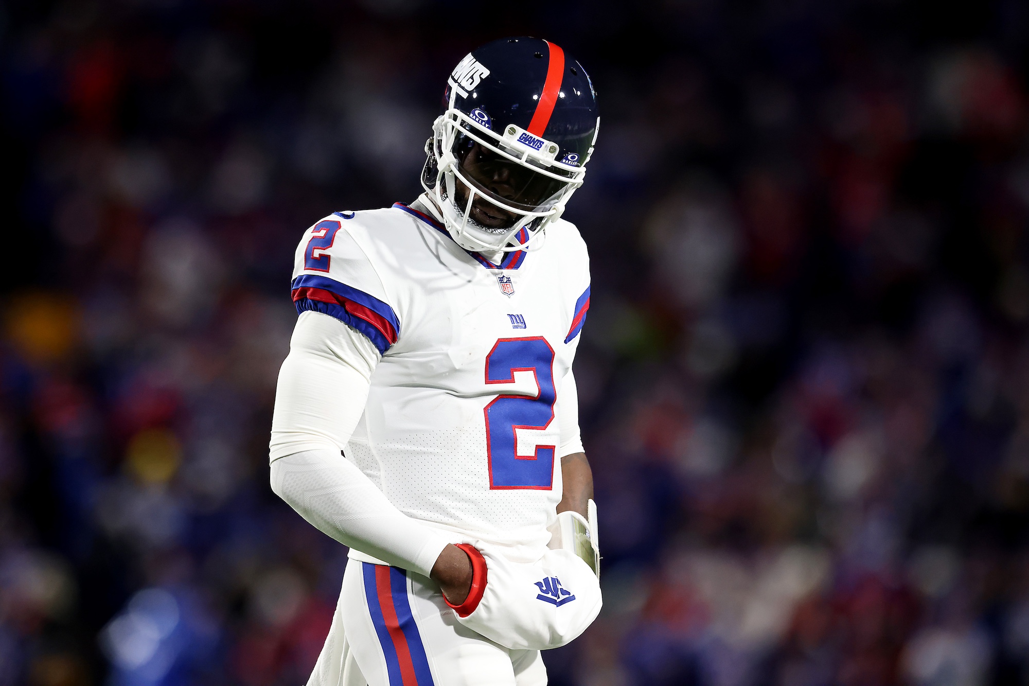 ORCHARD PARK, NEW YORK - OCTOBER 15: Tyrod Taylor #2 of the New York Giants looks on in the second quarter of a game against the Buffalo Bills at Highmark Stadium on October 15, 2023 in Orchard Park, New York. (Photo by Bryan M. Bennett/Getty Images)