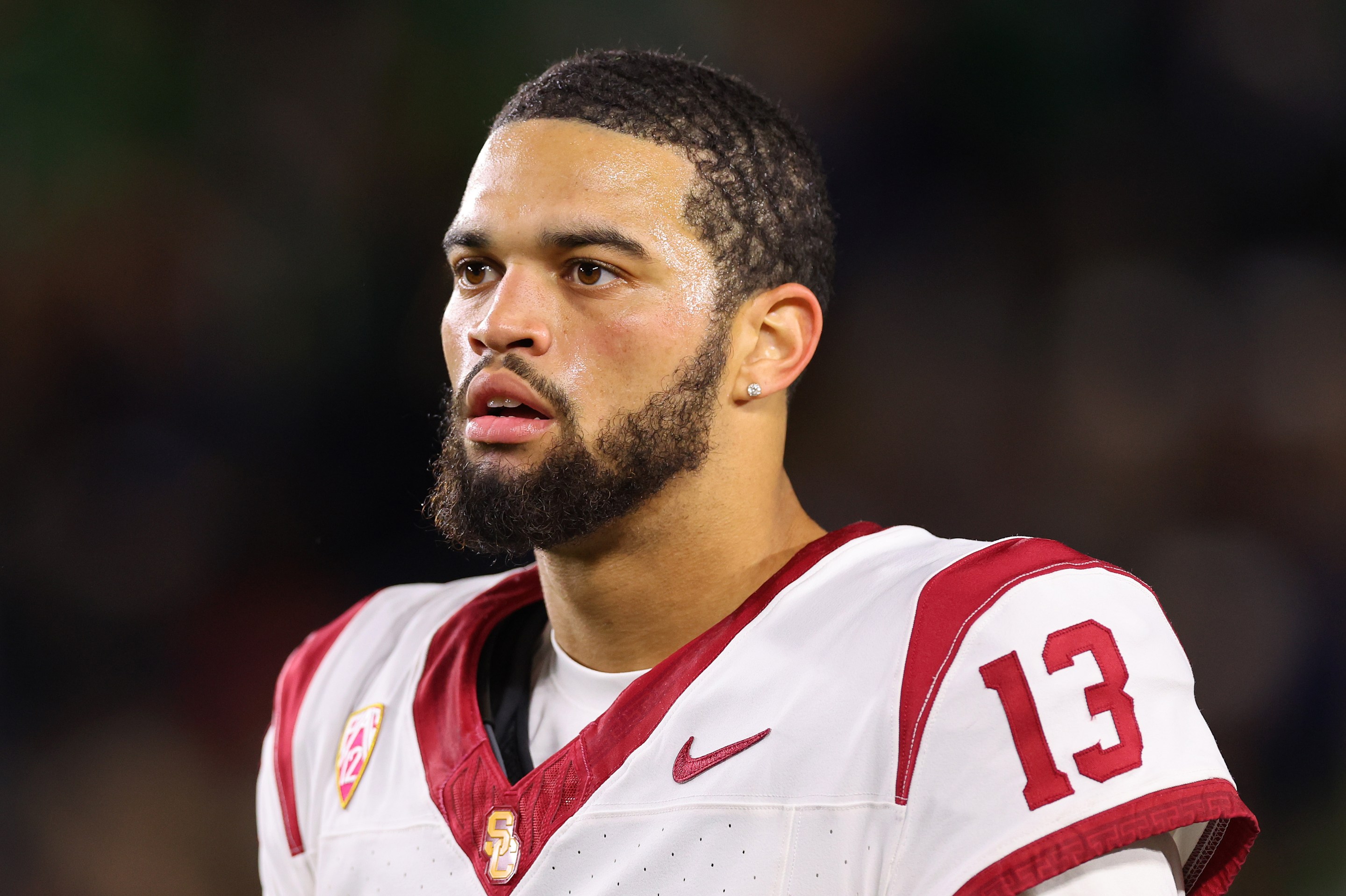 Caleb Williams #13 of the USC Trojans looks on against the Notre Dame Fighting Irish during the first half at Notre Dame Stadium on October 14, 2023 in South Bend, Indiana.