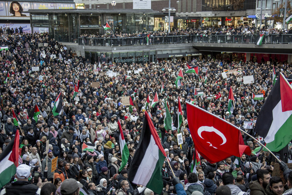 Thousands of pro-Palestinian protestors gather as they demonstrate against Israeli war on Gaza calling for a ceasefire at Sergelstorg Square in Stockholm, Sweden, October 22, 2023.