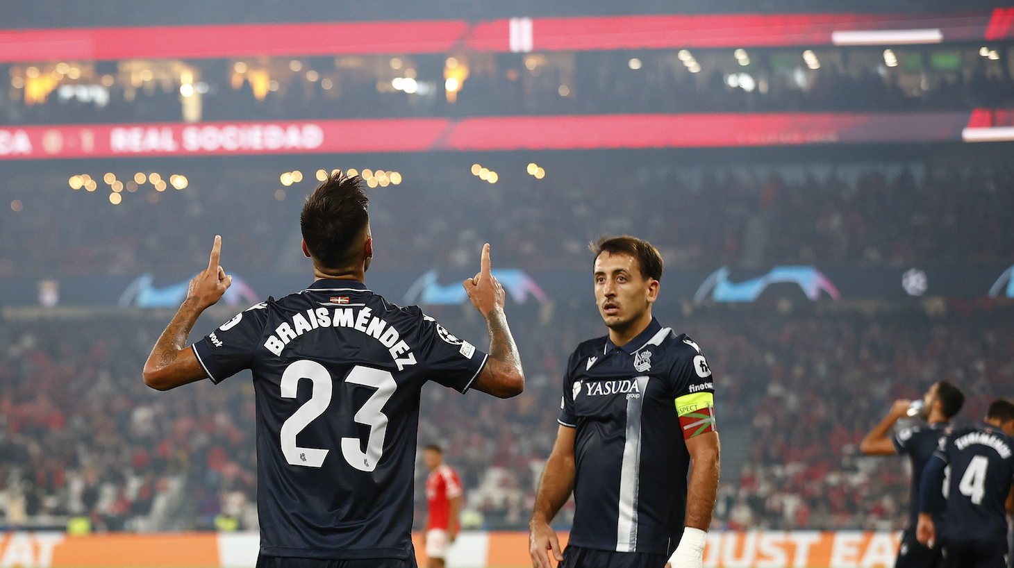 Brais Mendez of Real Sociedad celebrates after scoring his team's first goal during the UEFA Champions League match between SL Benfica and Real Sociedad at Estadio do Sport Lisboa e Benfica on October 24, 2023 in Lisbon, Portugal.