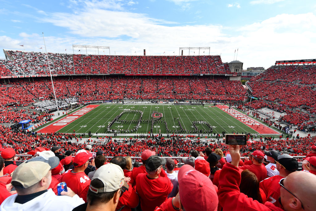 The Ohio State University Marching Band performs prior to a game between the Ohio State Buckeyes and the Penn State Nittany Lions at Ohio Stadium on October 21, 2023 in Columbus, Ohio.