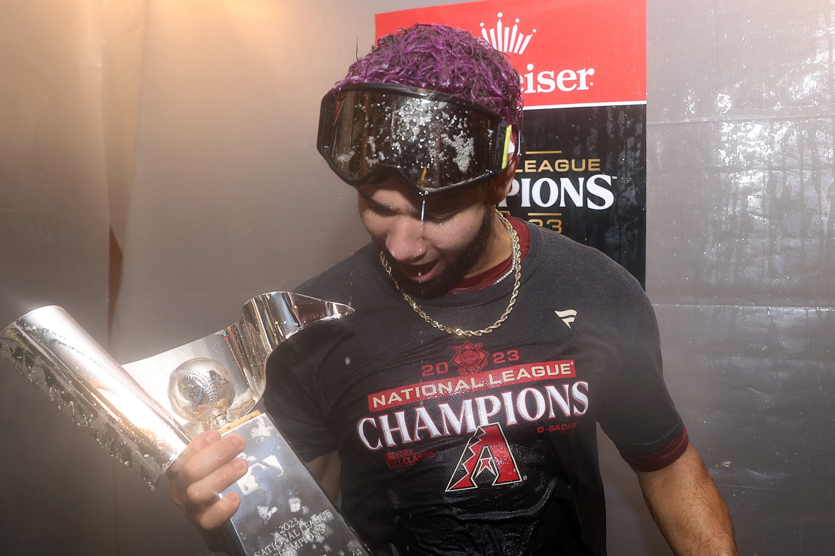 Lourdes Gurriel Jr. of the Arizona Diamondbacks celebrates in the clubhouse after beating the Philadelphia Phillies 4-2 in Game Seven of the National League Championship Series at Citizens Bank Park.