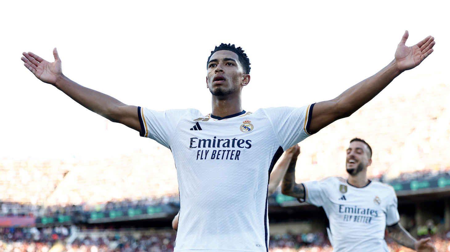 Jude Bellingham player of Real Madrid celebrates his goal during the LaLiga EA Sports match between FC Barcelona and Real Madrid CF at Estadi Olimpic Lluis Companys on October 28, 2023 in Barcelona, Spain.