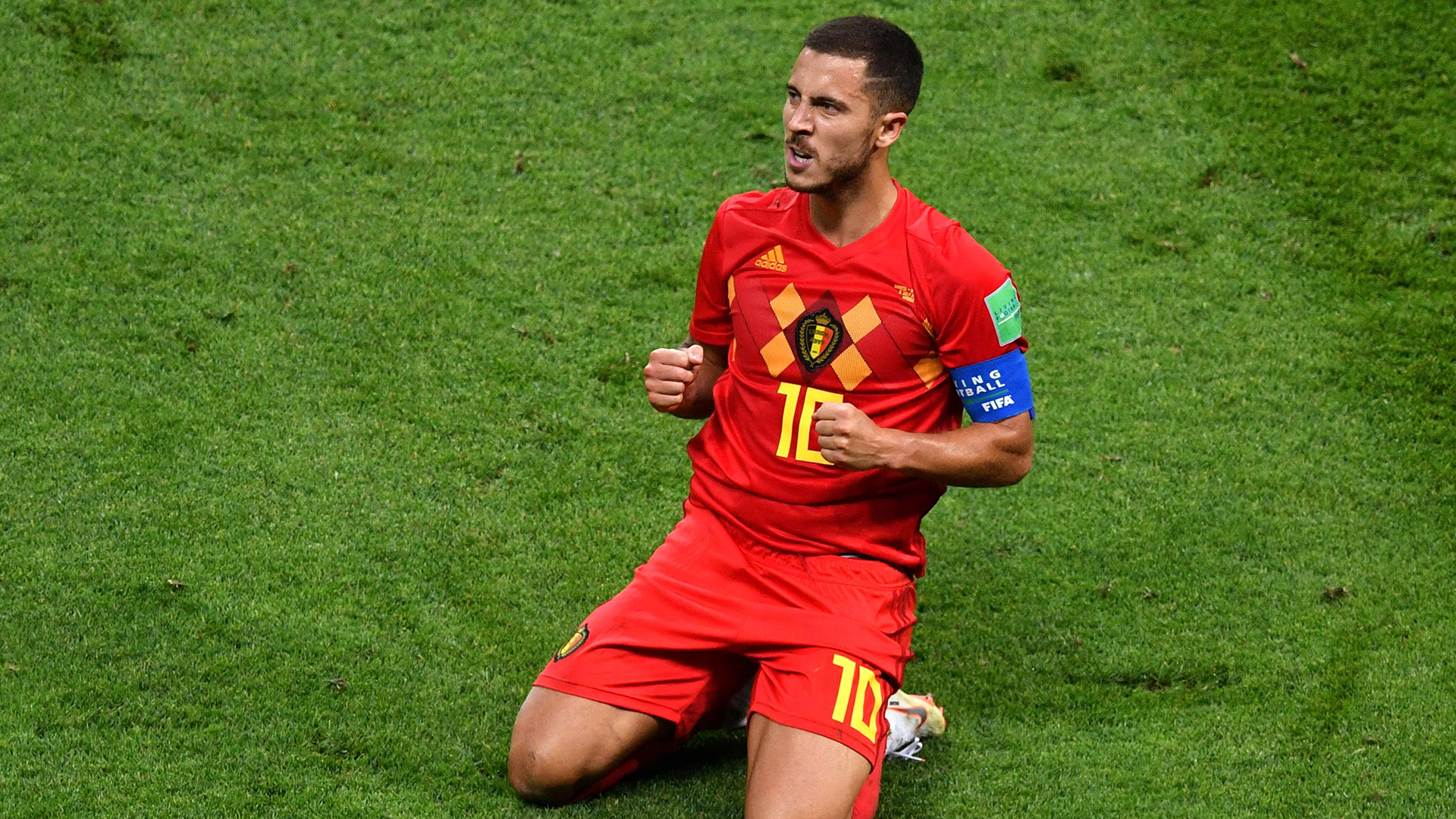 Belgium's forward Eden Hazard celebrates during the Russia 2018 World Cup quarter-final football match between Brazil and Belgium at the Kazan Arena in Kazan on July 6, 2018.