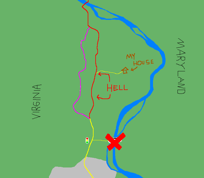 A small brown doodle of a house to the right of the north-south road, which is now colored red to indicate traffic congestion, and which is now labeled with the word "Hell."