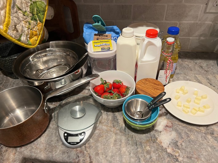 Baking ingredients arranged on Chris's countertop.