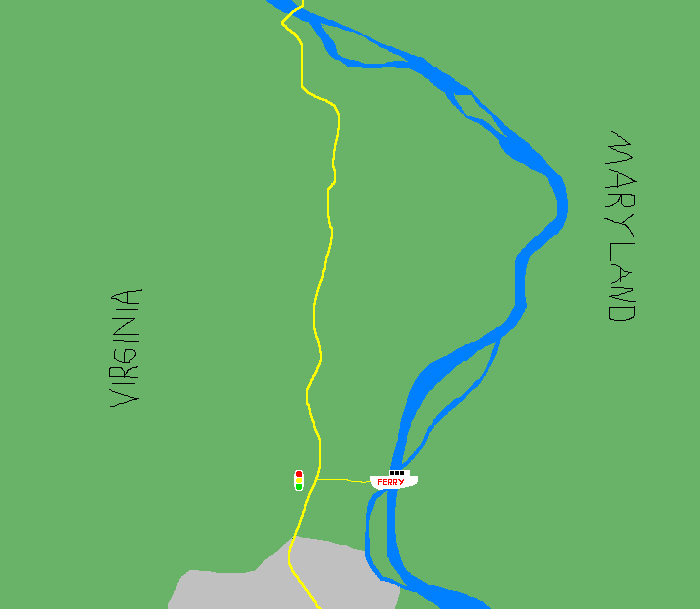 The same illustration as above, but with a boat drawn across the river just north of the town, and a thin line indicating the route from the ferry to the road.