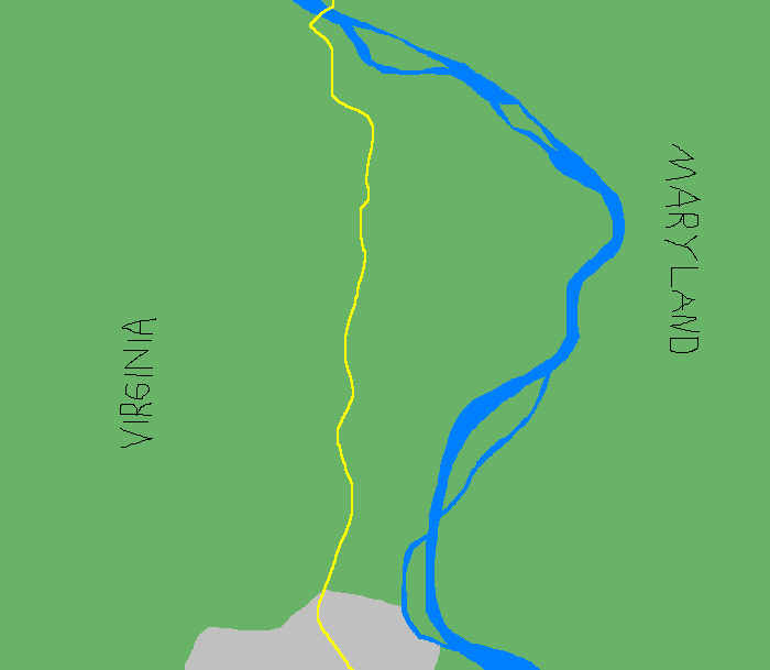 A drawing showing a blue river to the right of a yellow line indicating the road, going basically straight from north to south.