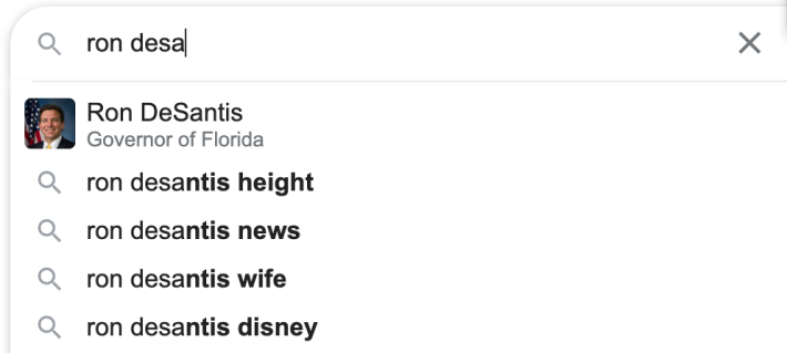 "Ron DeSantis height" is shown as the top result for a search for "ron desa" in a Google incognito window.