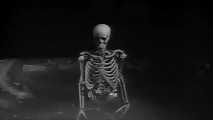 A skeleton rises from a pool of boiling corrosive acid in the 1959 film "House on Haunted Hill."