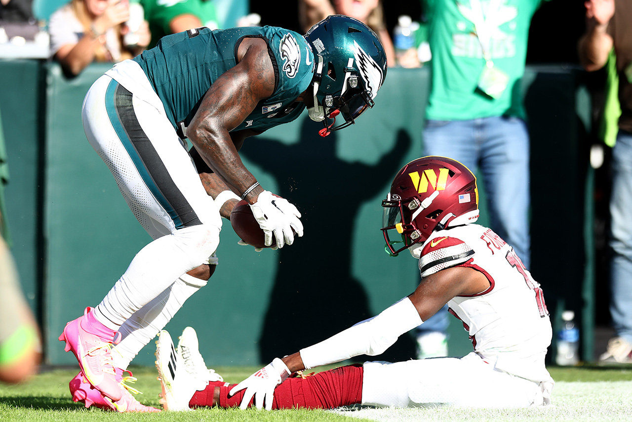 A.J. Brown #11 of the Philadelphia Eagles makes a touchdown reception during the fourth quarter against the Washington Commanders at Lincoln Financial Field on October 01, 2023 in Philadelphia, Pennsylvania.
