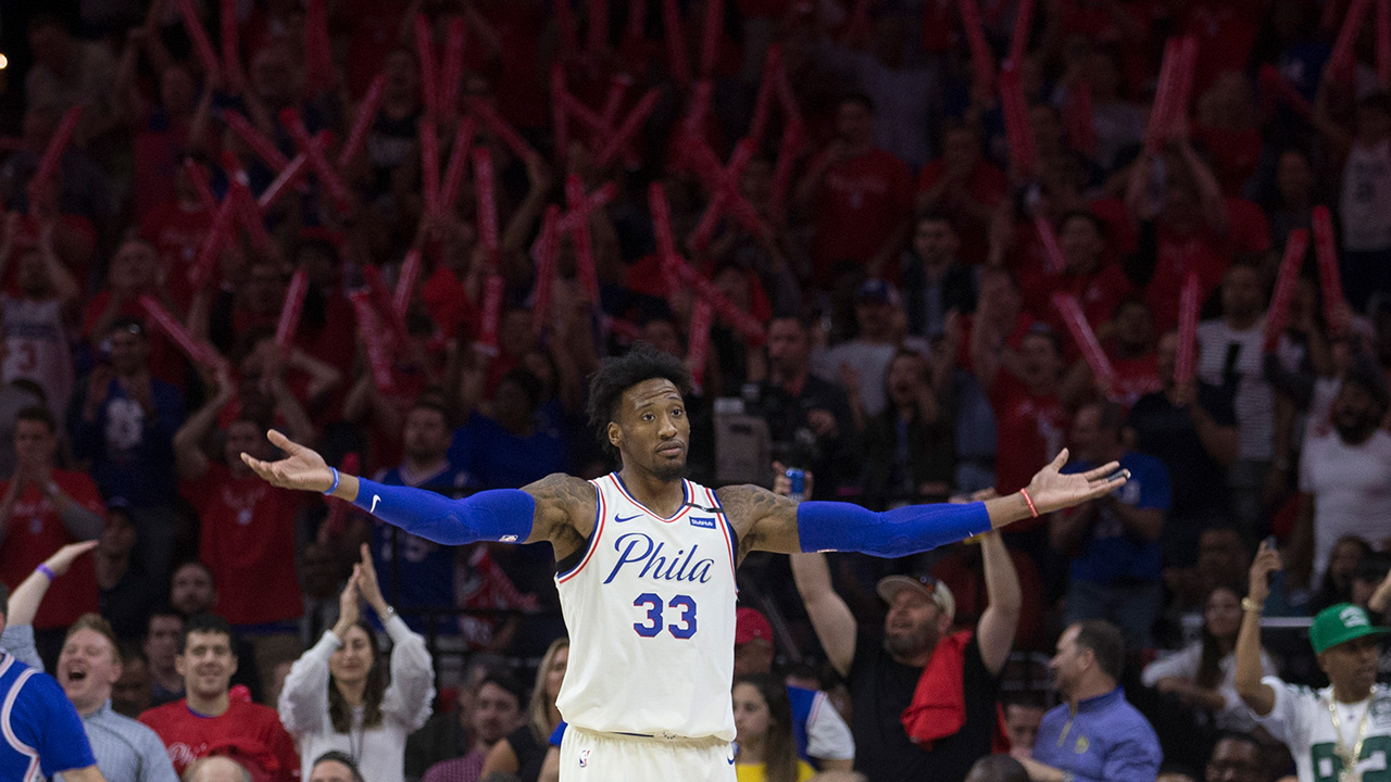 PHILADELPHIA, PA - MAY 7: Robert Covington #33 of the Philadelphia 76ers encourages the crowd to get loud against the Boston Celtics during Game Four of the Eastern Conference Second Round of the 2018 NBA Playoff at Wells Fargo Center on May 7, 2018 in Philadelphia, Pennsylvania. NOTE TO USER: User expressly acknowledges and agrees that, by downloading and or using this photograph, User is consenting to the terms and conditions of the Getty Images License Agreement.