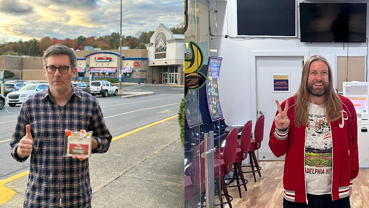 Split image. Roth stands outside the Stroud Mall holding a CD he purchased. Dan stands inside the Stroud Mall in front of the "Pennsylvania Skill" machine parlor.