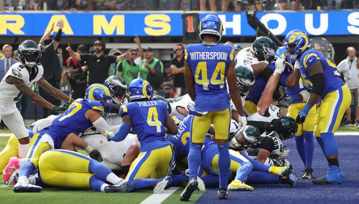 INGLEWOOD, CALIFORNIA - OCTOBER 08: Jalen Hurts #1 of the Philadelphia Eagles scores a touchdown in the second quarter against the Los Angeles Rams at SoFi Stadium on October 08, 2023 in Inglewood, California.