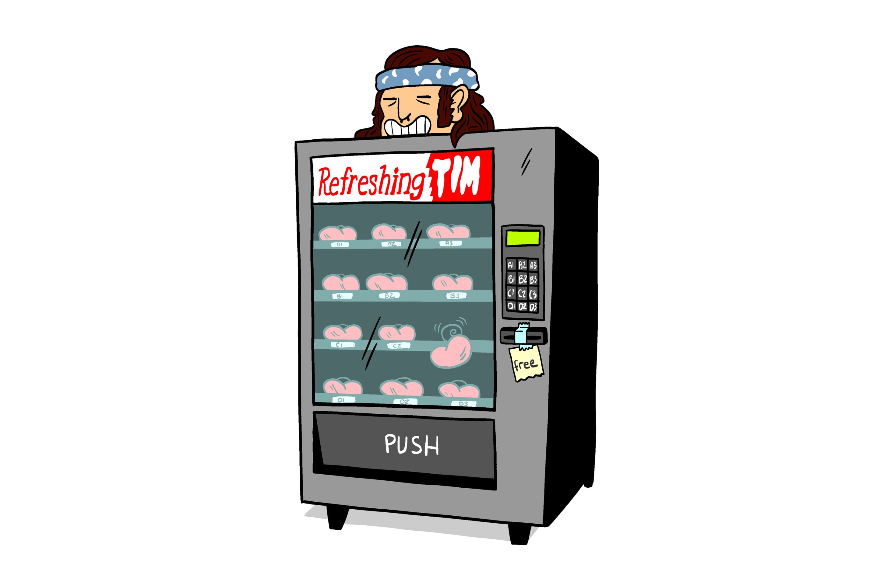 A drawing of Tim as a kidney vending machine.