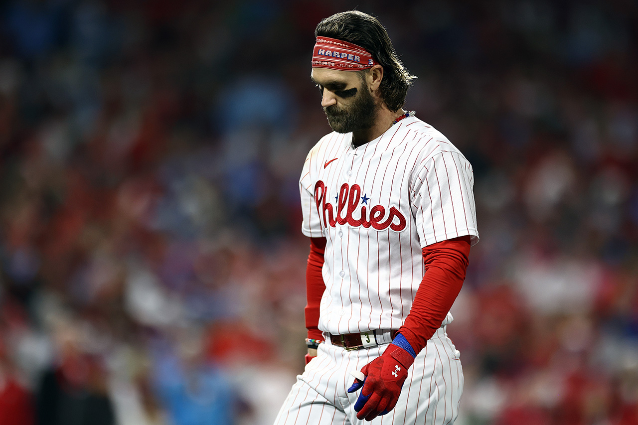 PHILADELPHIA, PENNSYLVANIA - OCTOBER 24: Bryce Harper #3 of the Philadelphia Phillies reacts after flying out against the Arizona Diamondbacks during the seventh inning in Game Seven of the Championship Series at Citizens Bank Park on October 24, 2023 in Philadelphia, Pennsylvania.
