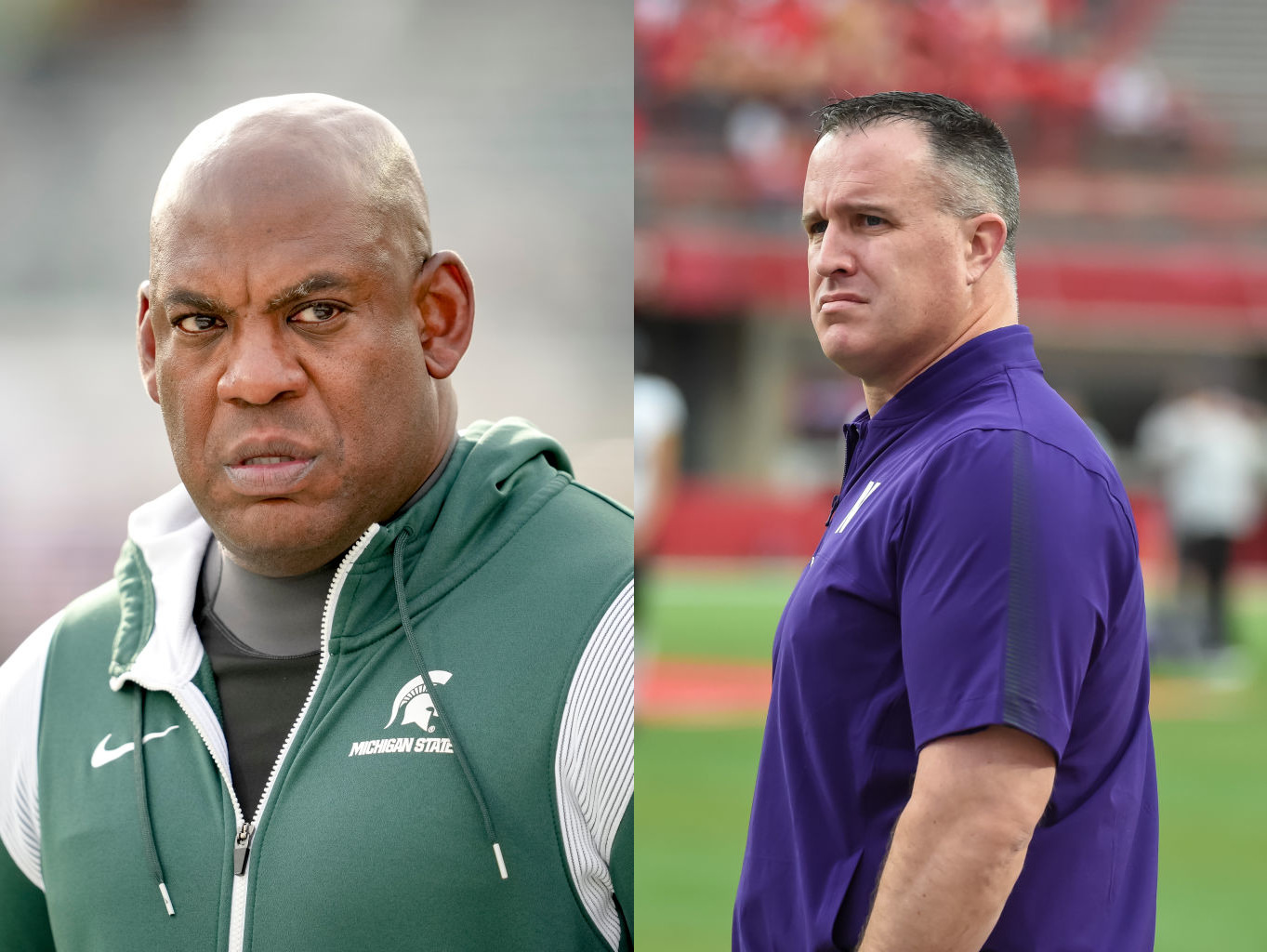 A photo of former Michigan State coach Mel Tucker on the left and former Northwestern football coach Pat Fitzgerald on the right.