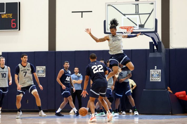 Ja Morant of the Memphis Grizzlies jumps preposterously high during a team practice.