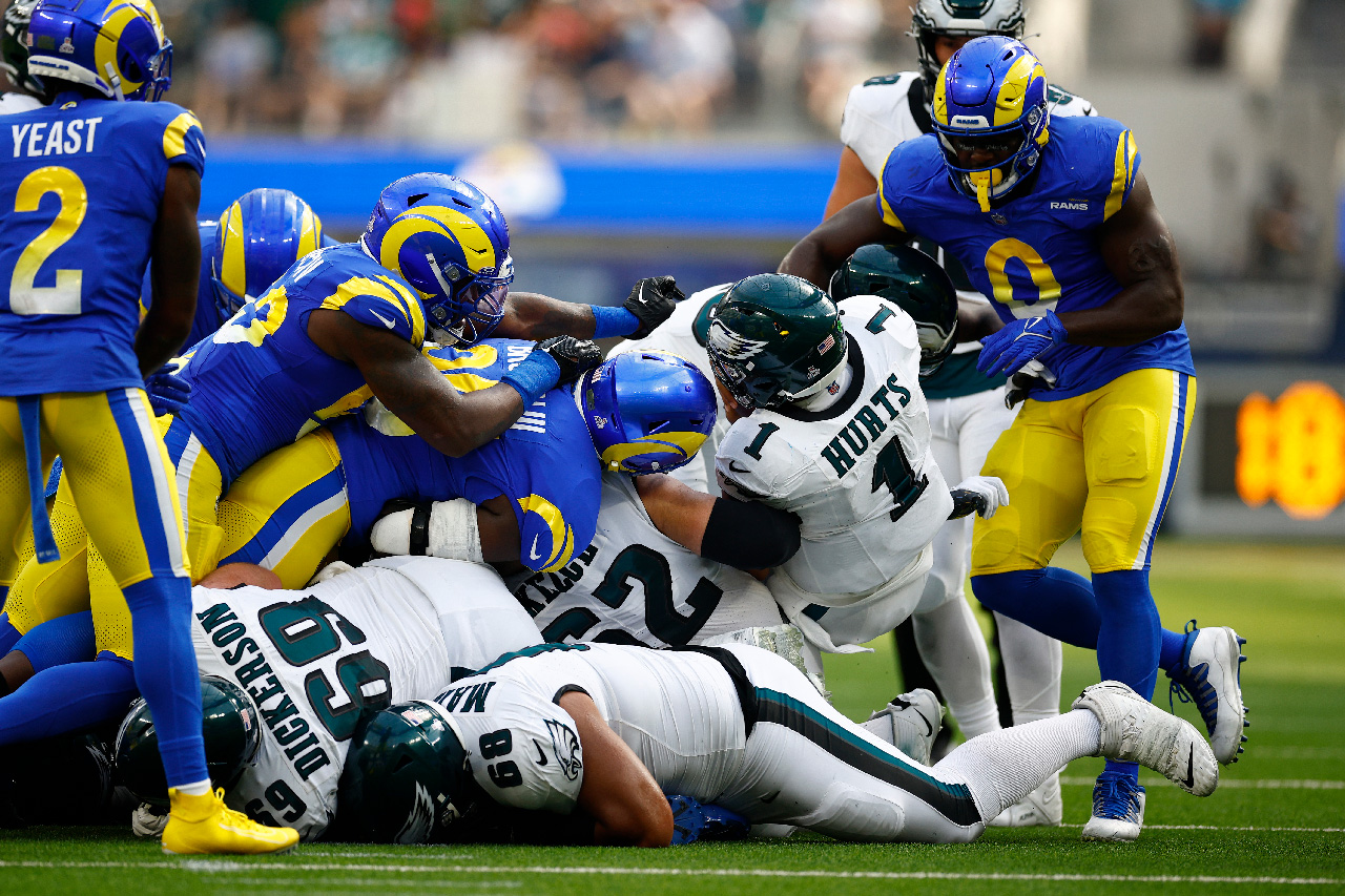INGLEWOOD, CALIFORNIA - OCTOBER 08: Jalen Hurts #1 of the Philadelphia Eagles runs with the ball in the second quarter against the Los Angeles Rams at SoFi Stadium on October 08, 2023 in Inglewood, California.