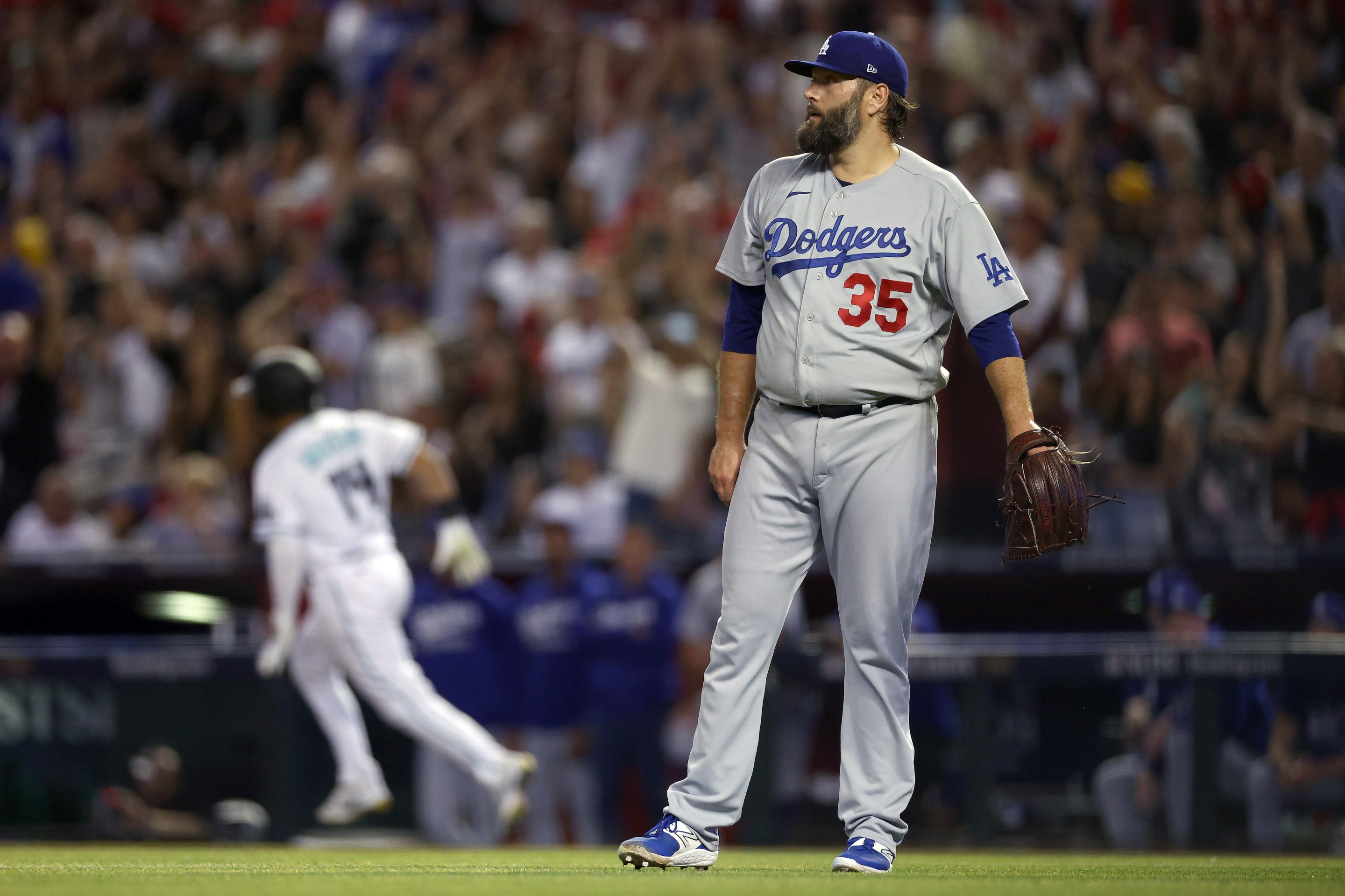 Lance Lynn reacts after giving up a home run to Gabriel Moreno.