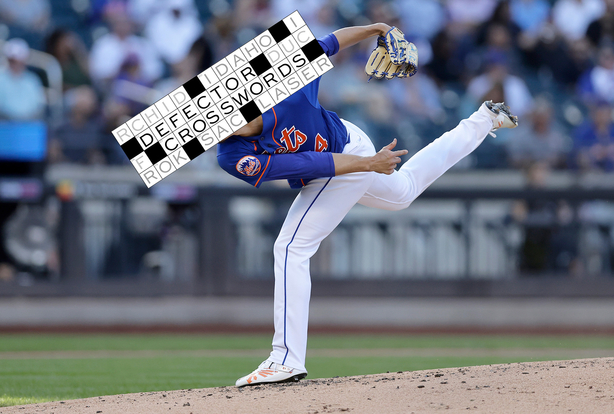 Kodai Senga #34 of the New York Mets in action against the Arizona Diamondbacks at Citi Field on September 14, 2023 in New York City. The Mets defeated the Diamondbacks 11-1. Over his face is the Defector Crosswords logo, which is DEFECTOR CROSSWORDS in a crossword puzzle grid with other words around it, and trust me they all fit maybe definitely they do work. It's just 'part' of the full crossword puzzle.