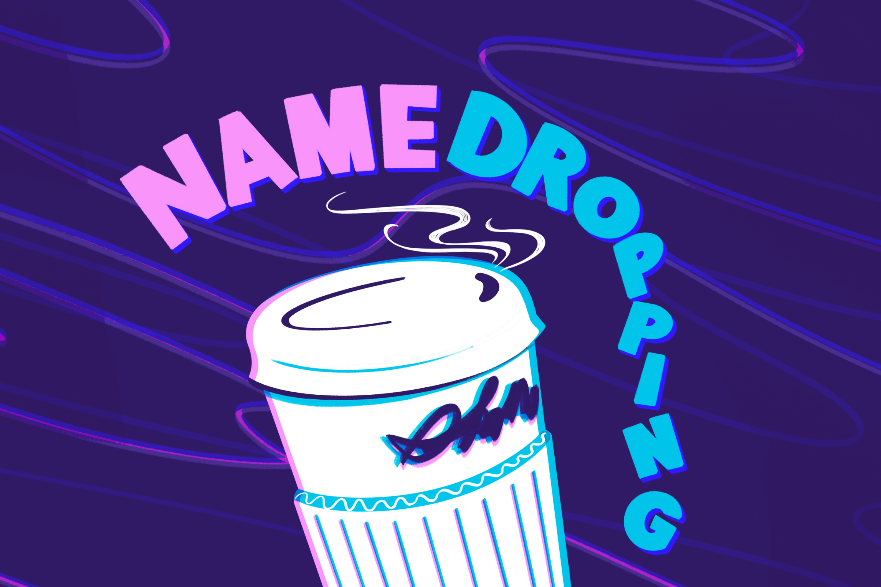 The Namedropping podcast logo, a coffee cup with a scratched-out name