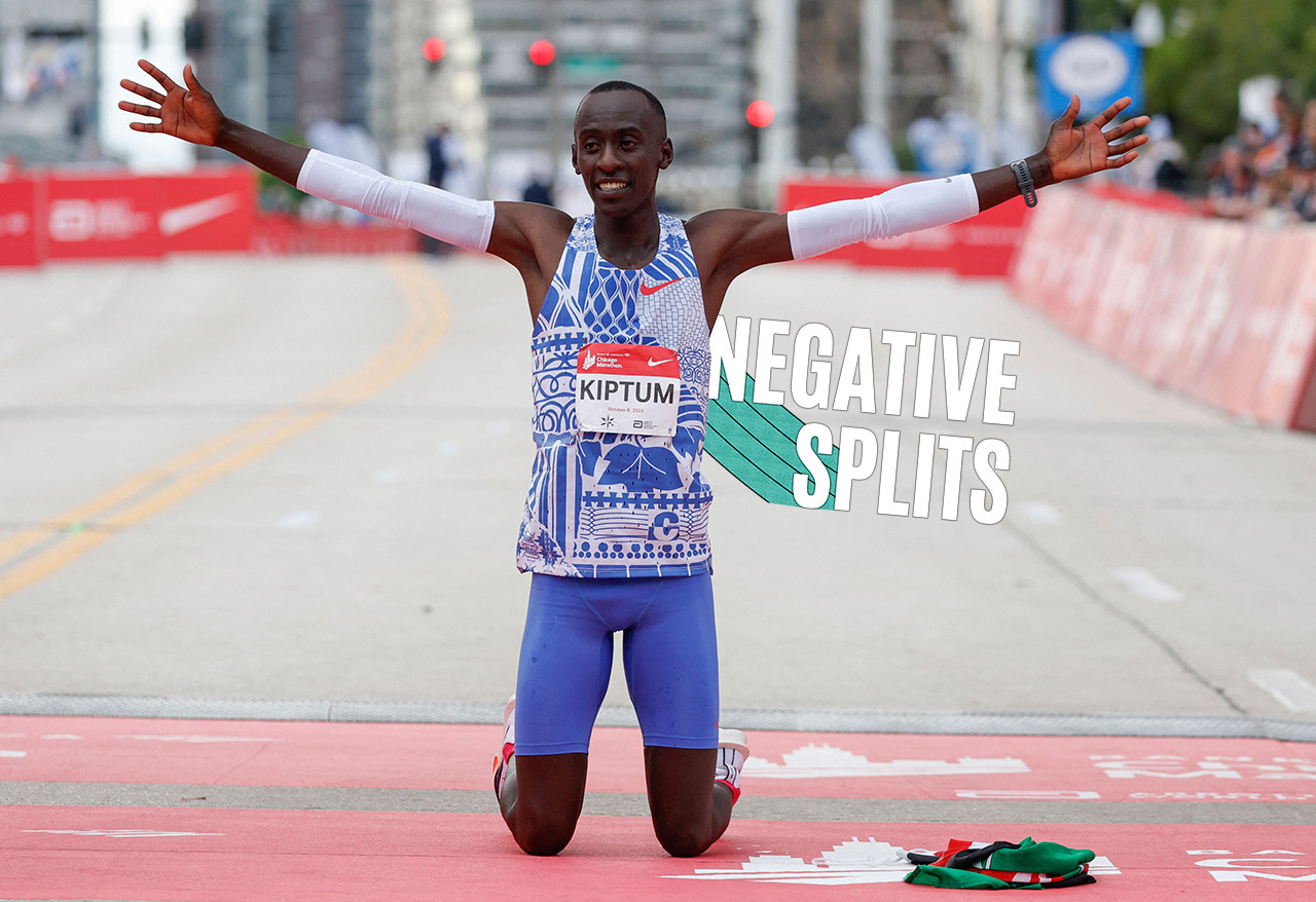 Kelvin Kiptum celebrates after winning the Chicago Marathon