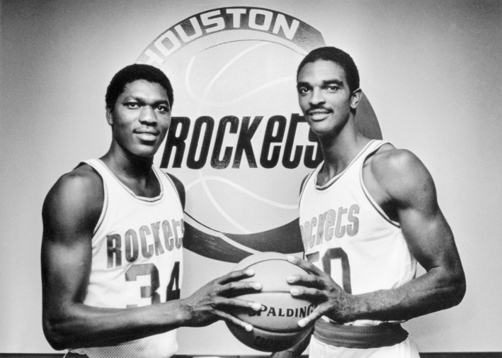 Hakeem Olajuwon and David Thompson of the Houston Rockets, um, back in the 1980s.