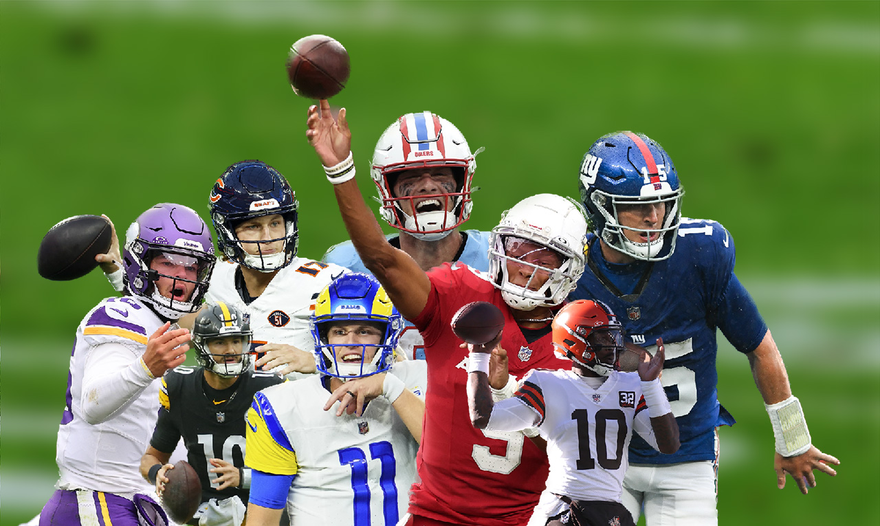 A collage of QBs from this weekend's NFL games. Jaren Hall, Mitch Trubisky, Tyson Baget, Brett Rypien, Will Levis, Josh Dobbs, P.J. Walker, Tommy DeVito