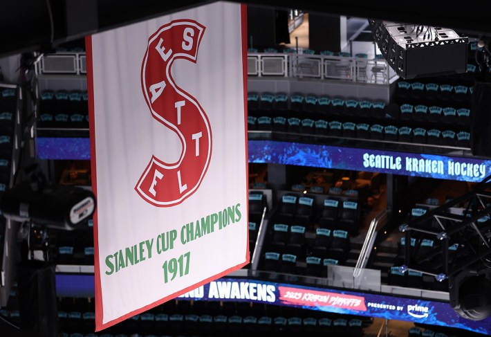 SEATTLE, WASHINGTON - APRIL 24: The Seattle Metropolitans Stanley Cup Champions banner is seen before Game Four of the First Round of the 2023 Stanley Cup Playoffs between the Seattle Kraken and the Colorado Avalanche at Climate Pledge Arena on April 24, 2023 in Seattle, Washington.