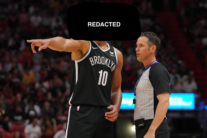 Ben Simmons of the Brooklyn Nets, with his head blacked out and the word REDACTED over it.