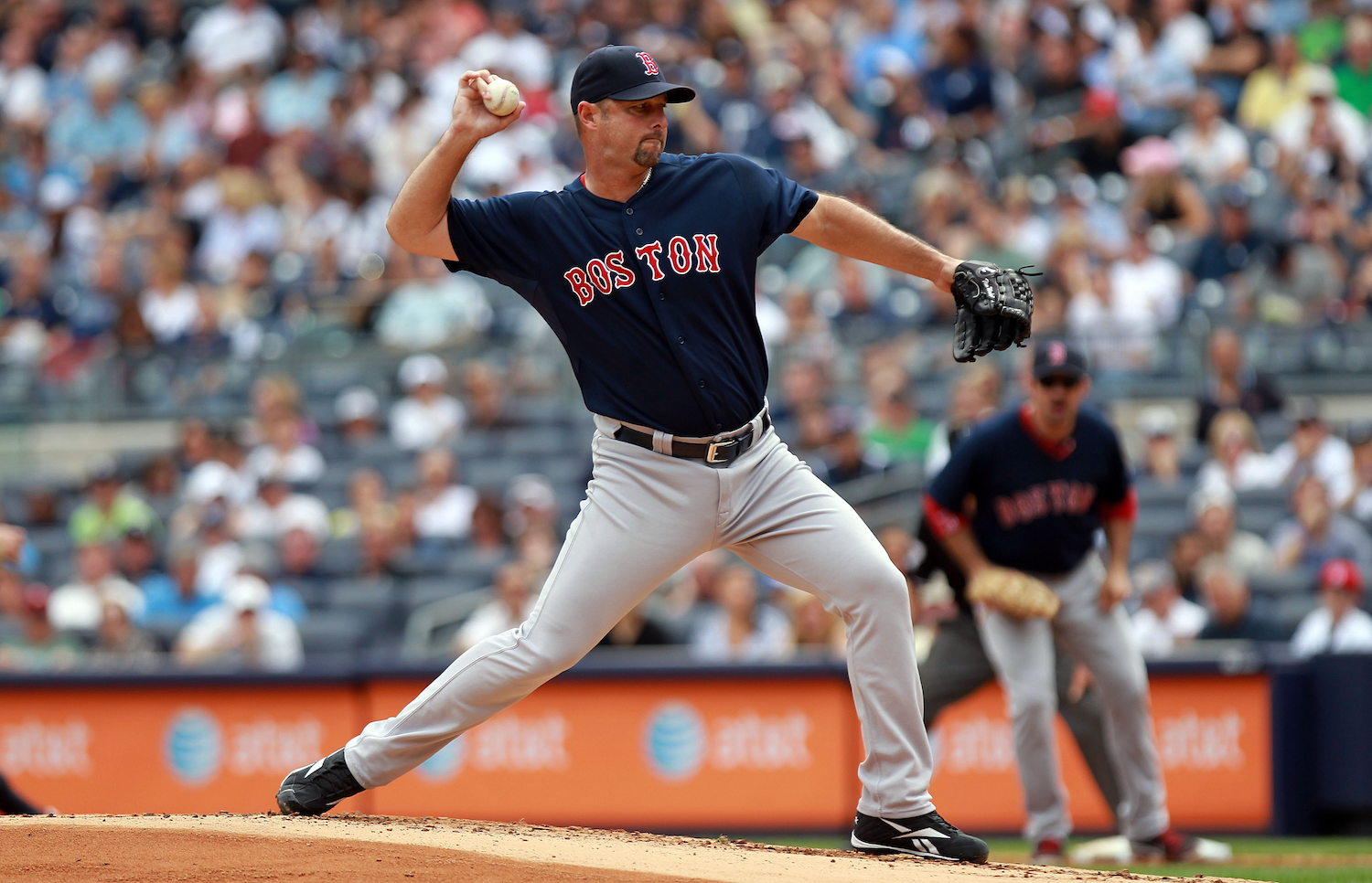 Tim Wakefield of the Boston Red Sox throws a knuckleball, in profile