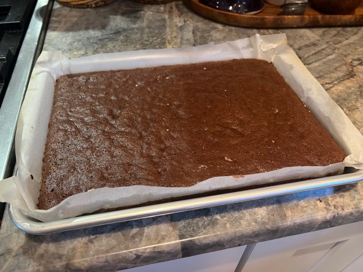 A baked chocolate sponge.