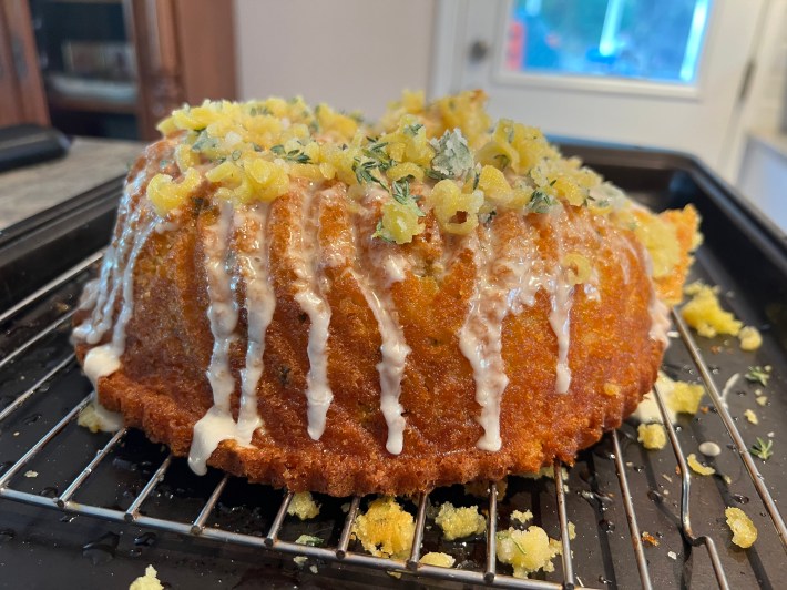 A side view of the portion of Chris's bundt cake that was not ruined during turn-out.