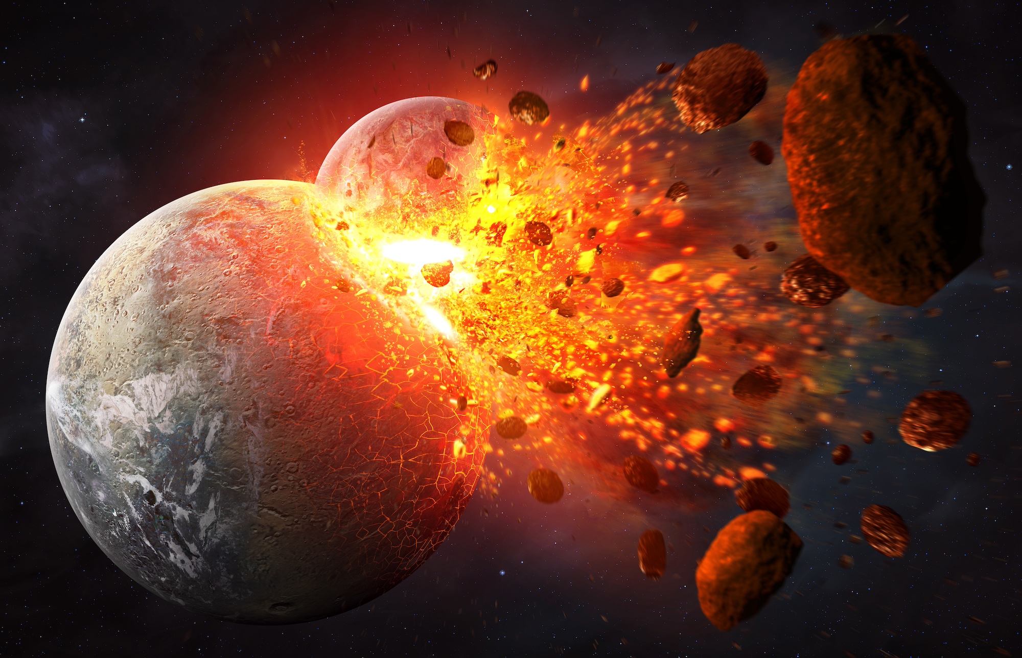 Illustration of the giant impact hypothesis, with the hypothetical planet Theia colliding with Earth 4.5 billion years ago, created on July 19, 2015. This impact is suggested to be the source of material that created the Moon. (Illustration by Tobias Roetsch/Future Publishing via Getty Images)