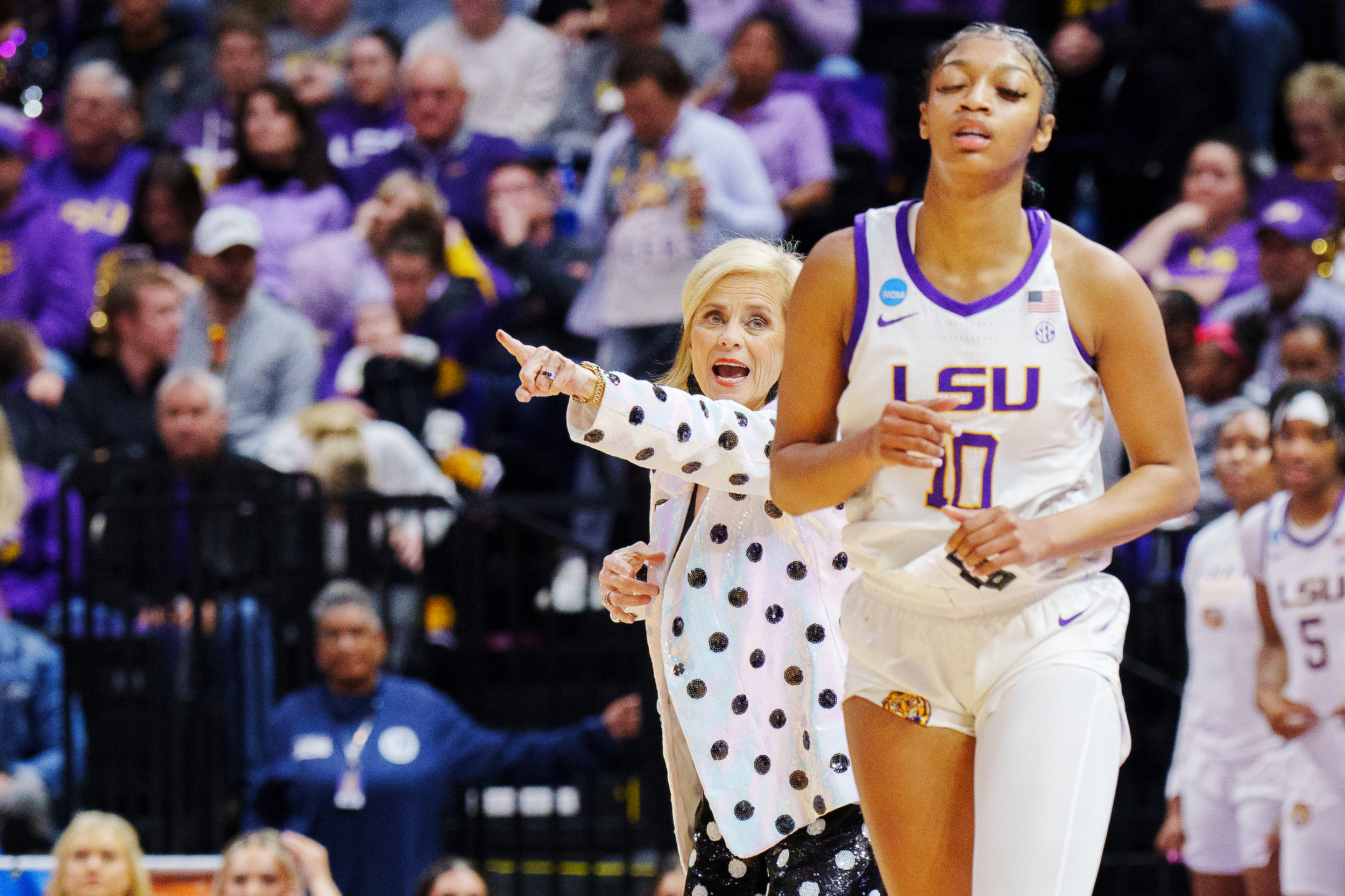 Head coach Kim Mulkey of the LSU Lady Tigers yells at Angel Reese #10 during the second quarter against the Michigan Wolverines in the second round of the 2023 NCAA Women's Basketball Tournament held at the Pete Maravich Assembly Center on March 19, 2023 in Baton Rouge, Louisiana.