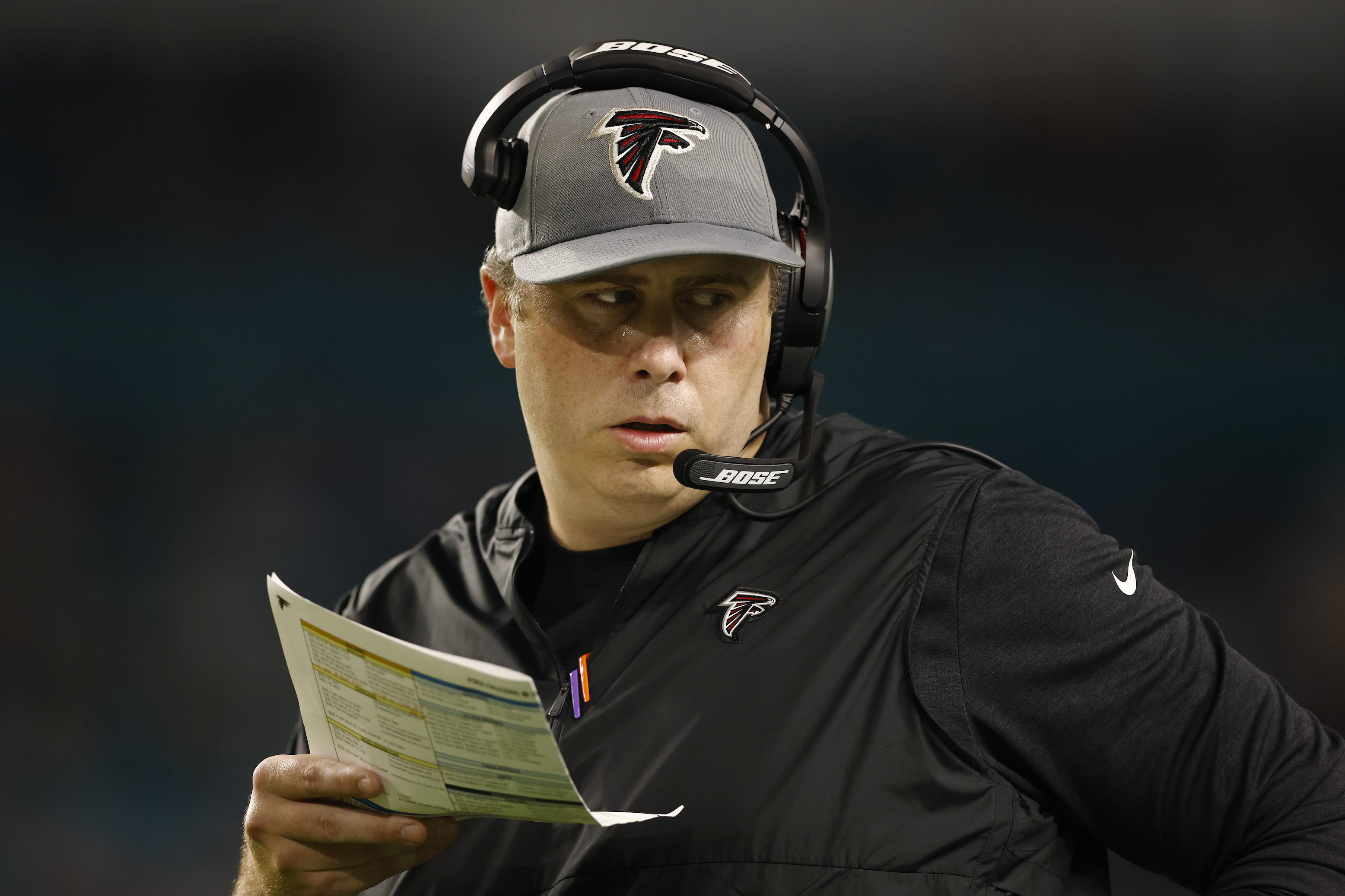 Atlanta Falcons head coach looking kind of furtive and weird on the sidelines during his team's loss to the Miami Dolphins in 2021.