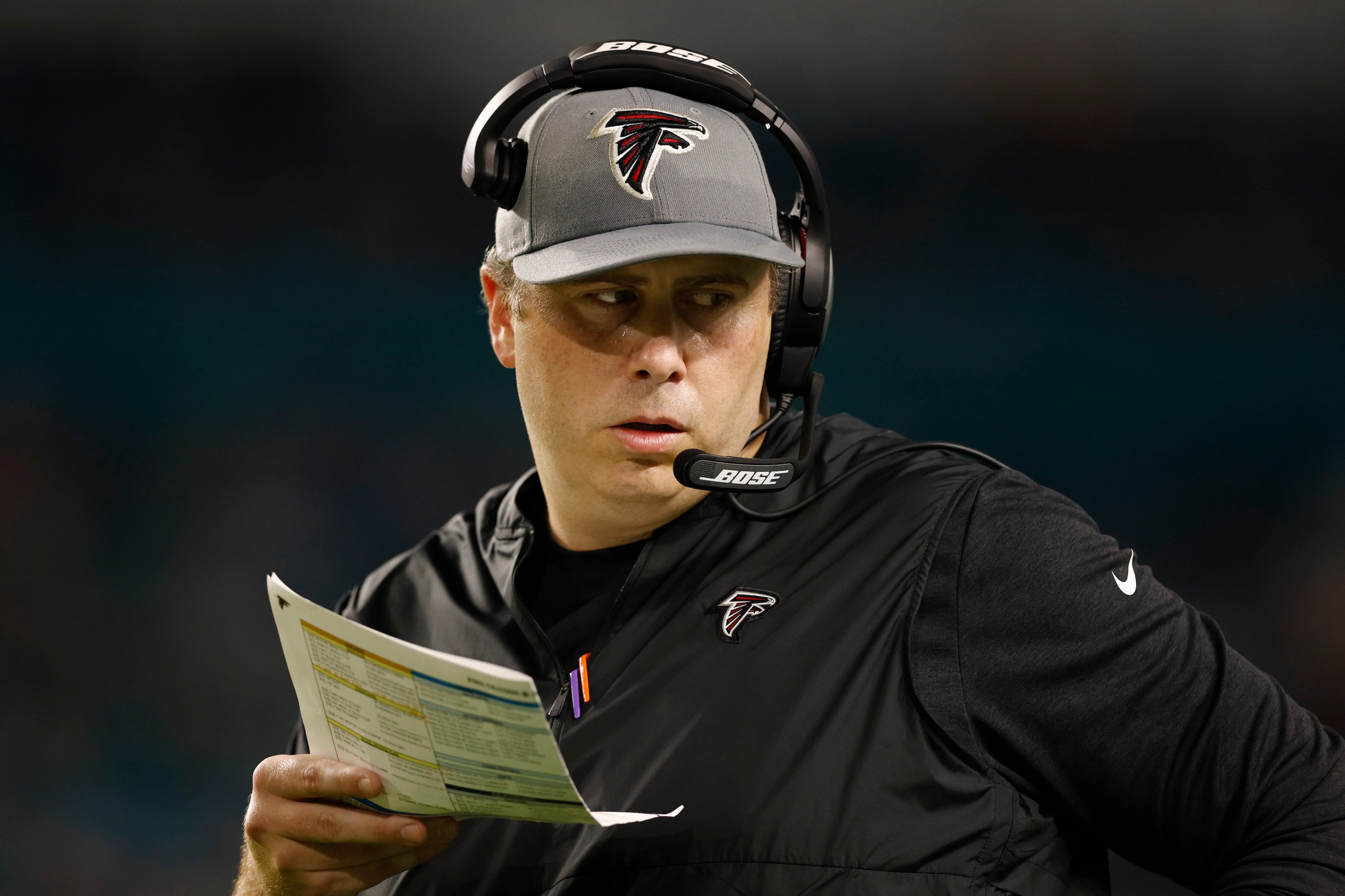 Atlanta Falcons head coach looking kind of furtive and weird on the sidelines during his team's loss to the Miami Dolphins in 2021.