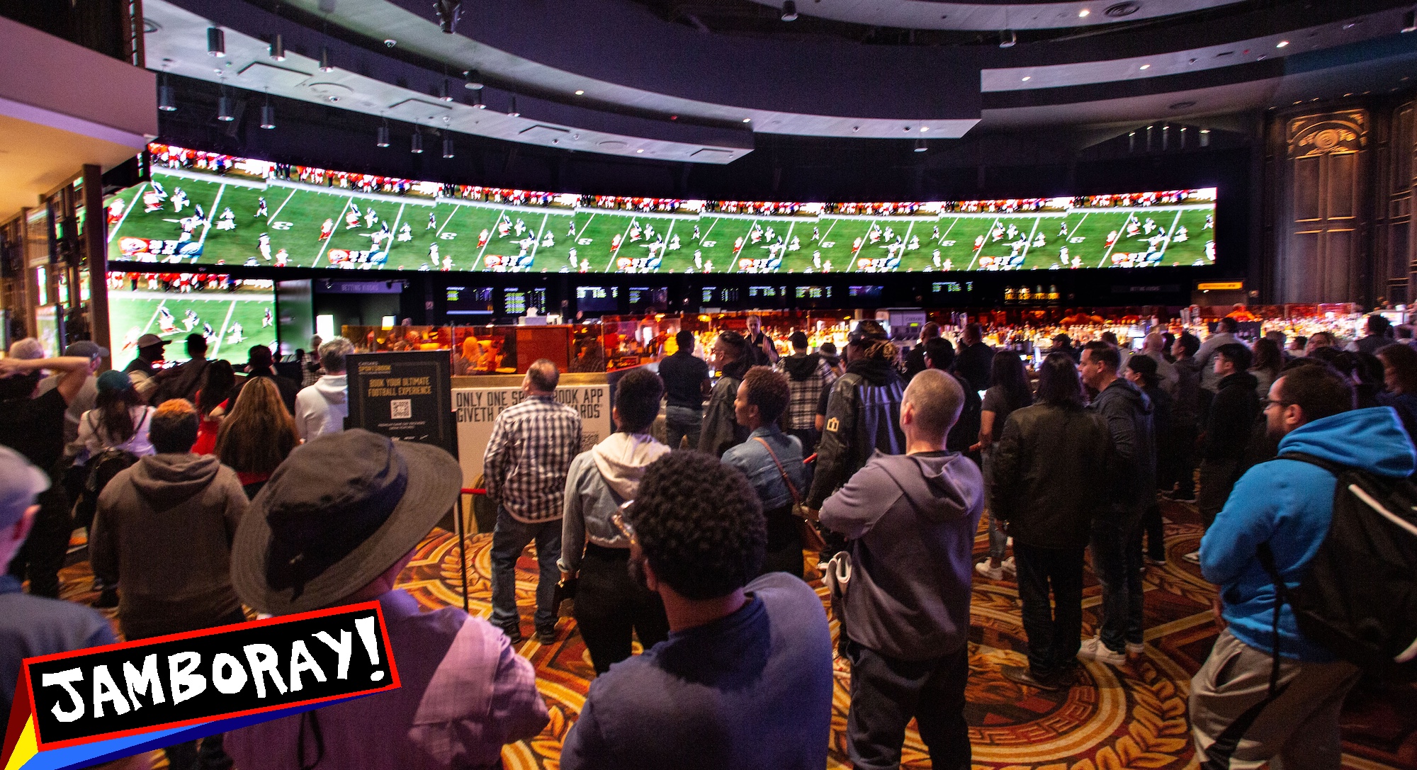 LAS VEGAS, NV - FEBRUARY 12: Crowds jam into Caesars Sports Book at Caesars Palace Hotel &amp; Casino to bet on the Kansas City Chiefs vs Philadelphia Eagles in the National Football League's Super Bowl LVII (which took place in Glendale, Arizona) as viewed on February 12, 2023 in Las Vegas, Nevada. Las Vegas will play host to the NFL's Super Bowl LVIII, taking place next year at the recently constructed Allegiant Stadium, home of the Las Vegas Raiders. (Photo by George Rose/Getty Images)