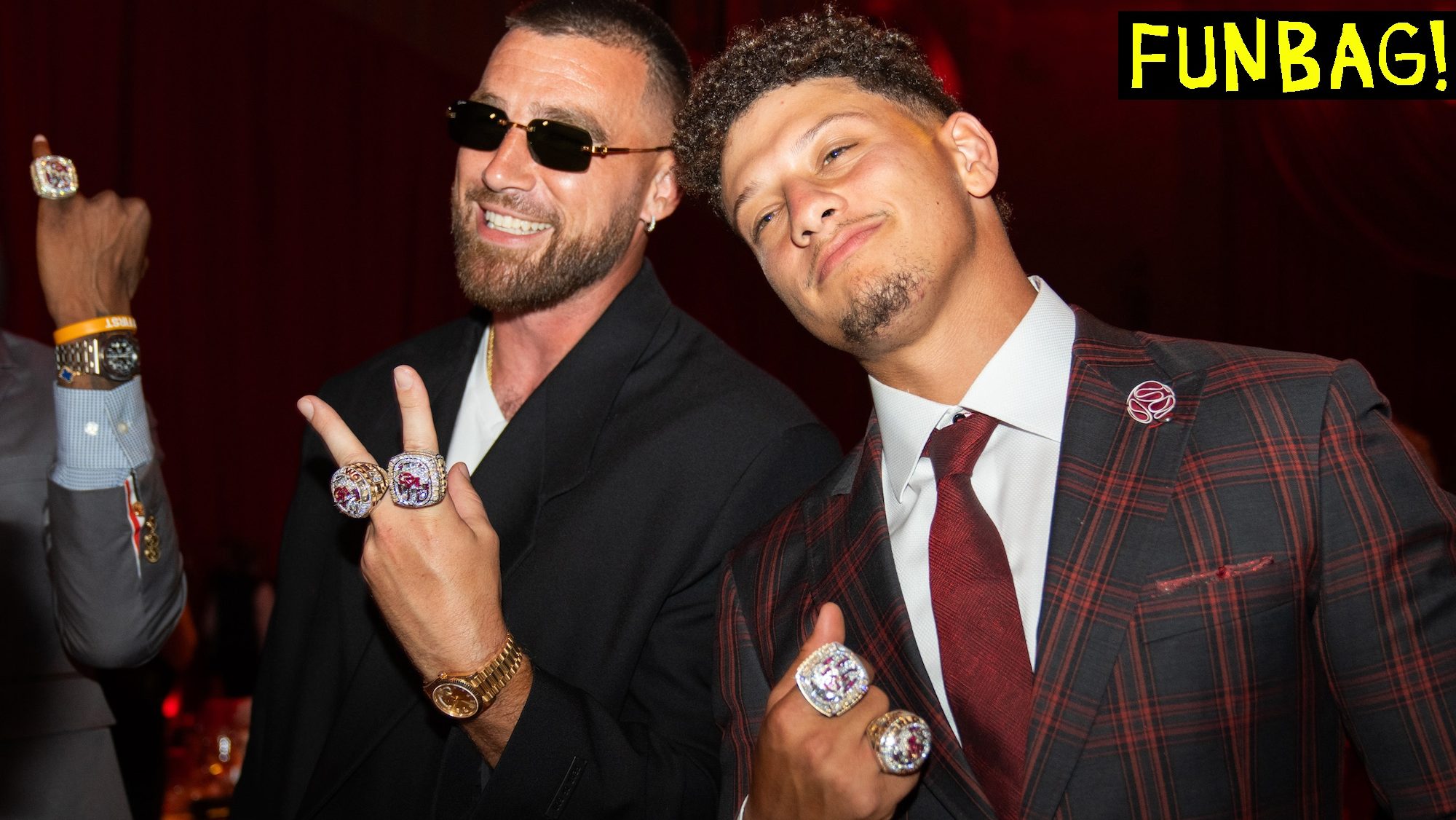 KANSAS CITY, MISSOURI - JUNE 15: In this handout image provided by the Kansas City Chiefs, Travis Kelce and Patrick Mahomes of the Kansas City Chiefs pose during the Kansas City Chiefs Super Bowl LVII Ring Ceremony at Union Station on June 15, 2023 in Kansas City, Missouri. (Photo by Handout/Kansas City Chiefs via Getty Images)