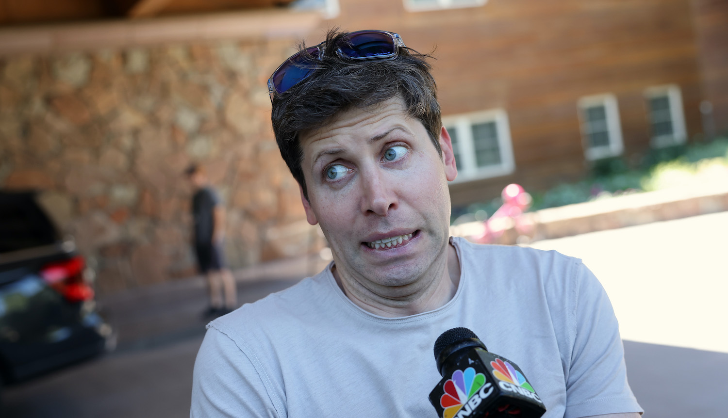 SUN VALLEY, IDAHO - JULY 11: Sam Altman, CEO of OpenAI, speaks to the media as he arrives at the Sun Valley Lodge for the Allen &amp; Company Sun Valley Conference on July 11, 2023 in Sun Valley, Idaho. Every July, some of the world's most wealthy and powerful businesspeople from the media, finance, technology and political spheres converge at the Sun Valley Resort for the exclusive weeklong conference. (Photo by Kevin Dietsch/Getty Images)