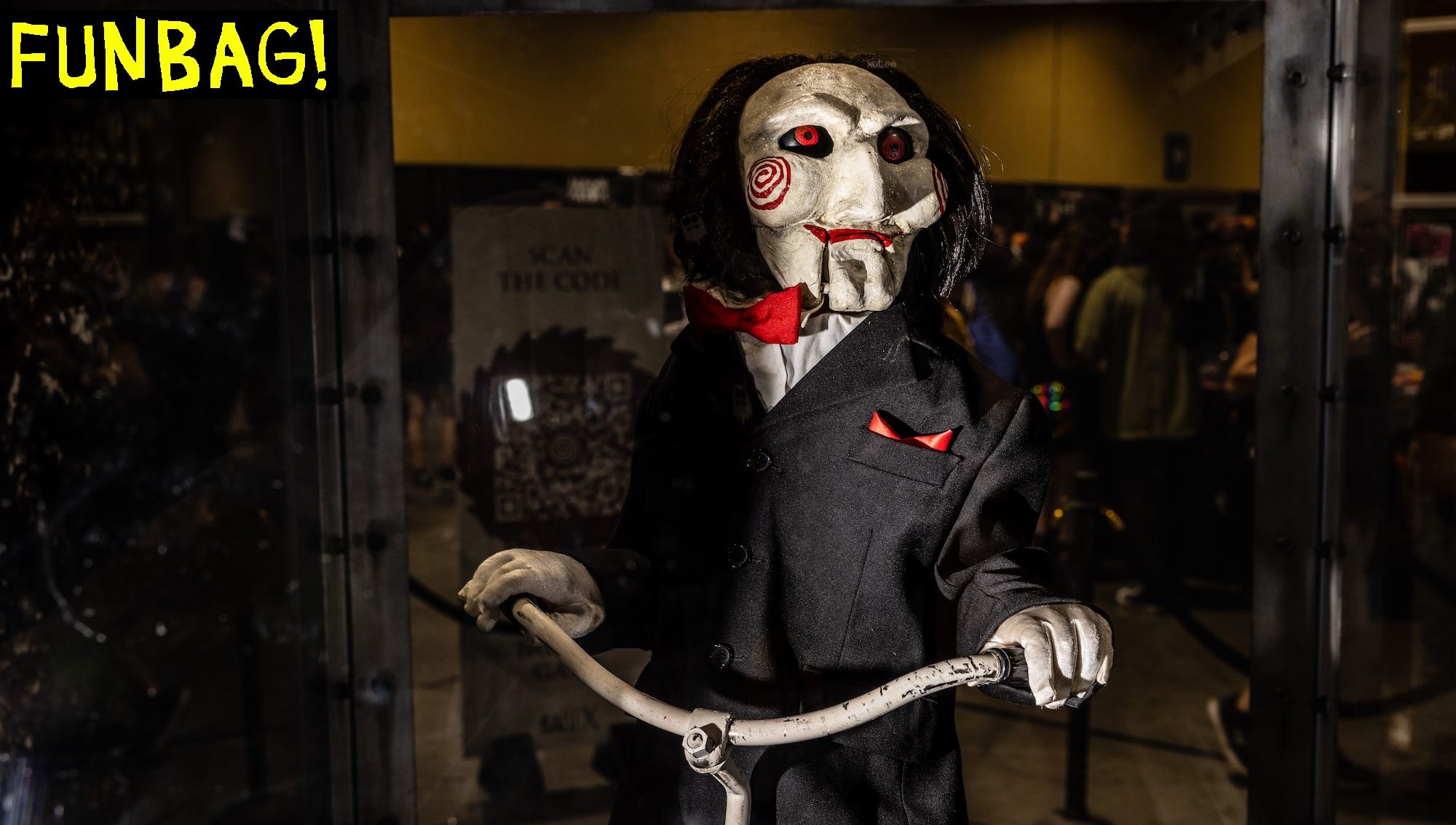 Long Beach, CA - July 29:Billy the Puppet, from the "SAW" horror film franchise, making its first public appearance, as part of the "SAW X" film promotion and exhibit inside Midsummer Scream, a Halloween and horror convention, at Long Beach Convention Center, in Long Beach, CA, Saturday, July 29, 2023. The latest installment of the series follows serial killer Jigsaw, as he exacts revenge against con artists. The gathering, from Friday through Sunday, features all things Halloween and in the horror genre, with many attendees dressing up as their favorite characters, across TV, film, comics and animation. (Jay L. Clendenin / Los Angeles Times via Getty Images)